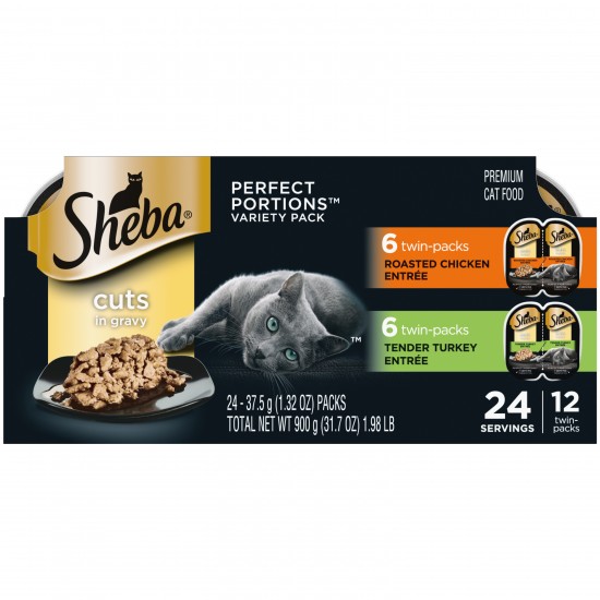 SHEBA Wet Cat Food Cuts in Gravy Variety Pack, Roasted Chicken Entree and Tender Turkey Entree, 2.6 oz. PERFECT PORTIONS Twin-Pack Trays